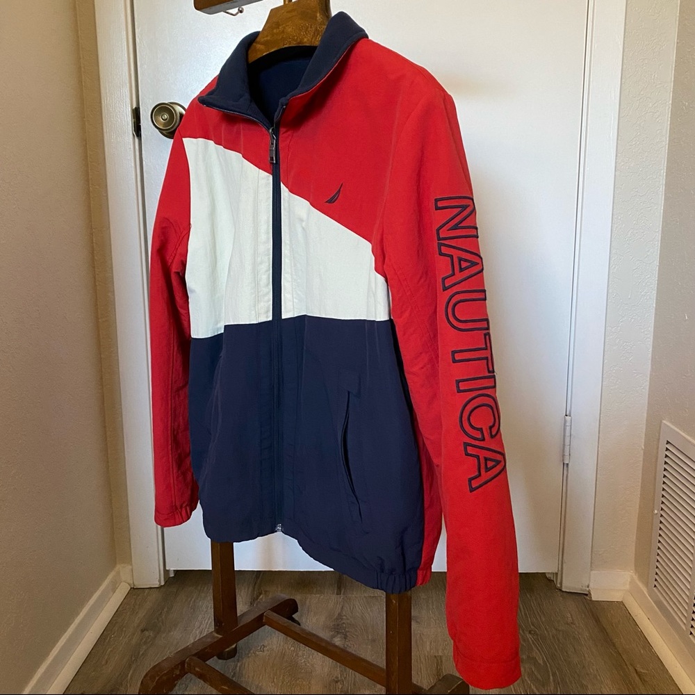 Vintage Nautica Reversible Jacket Fleece Block Red White Blue Navy Medium Coat